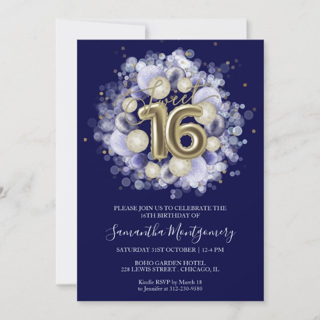 Invitación Globos de cumpleaños Sweet 16 de papel de oro Fies (Anverso)