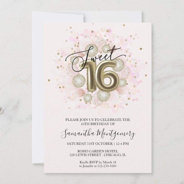 Invitación Globos de cumpleaños Sweet 16 de papel de oro rosa (Anverso)