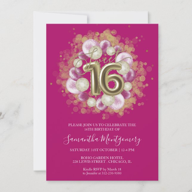Invitación Globos de cumpleaños Sweet 16 de papel de oro rosa (Anverso)