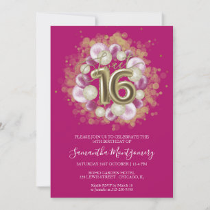 Invitación Globos de cumpleaños Sweet 16 de papel de oro rosa