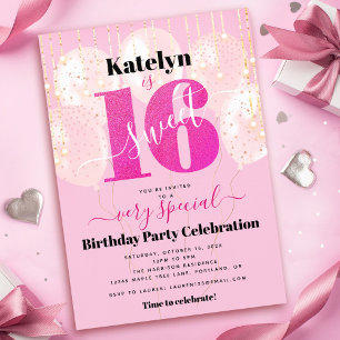 Invitación Globos de cumpleaños Sweet 16 Modernos con brillo