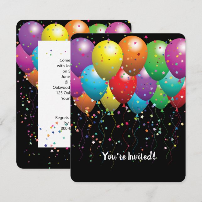 Invitación Globos de cumpleaños y Fiesta confetti invitan (Anverso / Reverso)