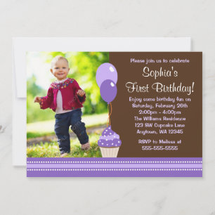Invitación Globos de Cupcake Marrón Púrpura Foto Cumpleaños