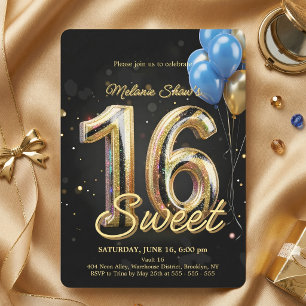 Invitación Globos de Destello Azul Oro Negro Cumpleaños Dulce