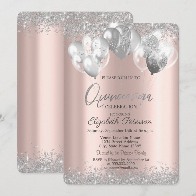 Invitación Globos de diamantes de plata Rosa de oro Quinceañe (Anverso / Reverso)