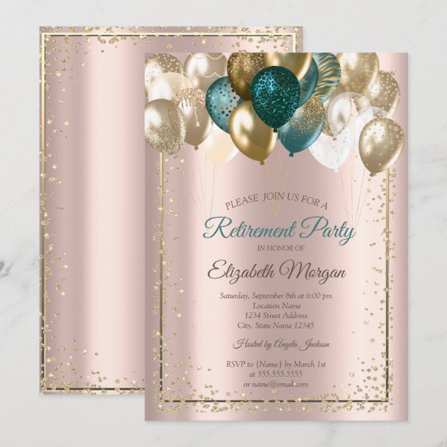 Invitación Globos de diamantes elegantes Subió retiro de oro (Anverso / Reverso)