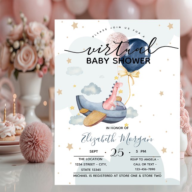 Invitación Globos de Dino en Avión para Baby Shower  (Subido por el creador)