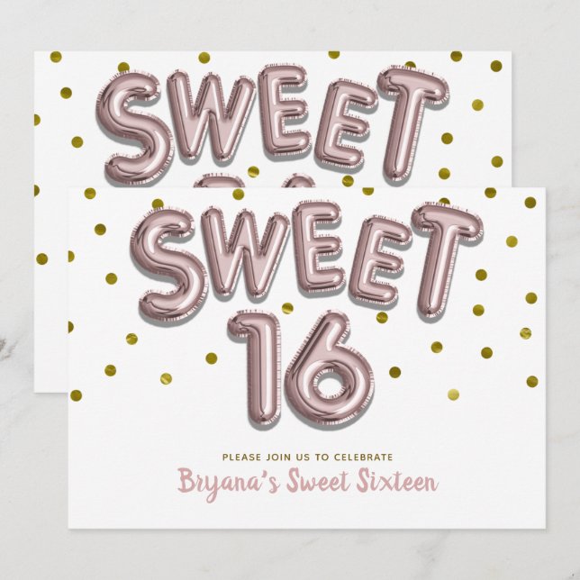 Invitación Globos de Dulces 16 Rosado Dorado Puntos Fiesta CU (Anverso / Reverso)