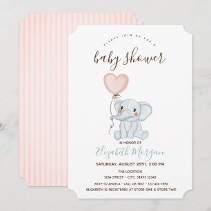 Invitación Globos de Elefante Adorables con Rayas Rosadas par