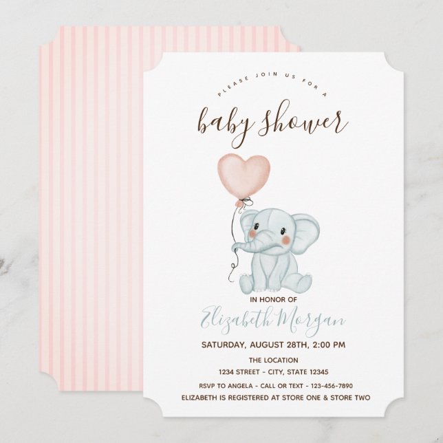 Invitación Globos de Elefante Adorables con Rayas Rosadas par (Anverso / Reverso)