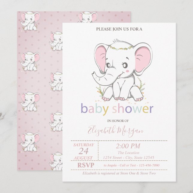 Invitación Globos de Elefante Bebé Lindos para Baby Shower (Anverso / Reverso)