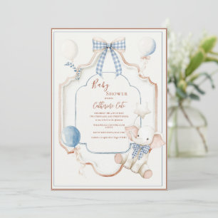 Invitación Globos de elefante de marco azul vintage para bebé
