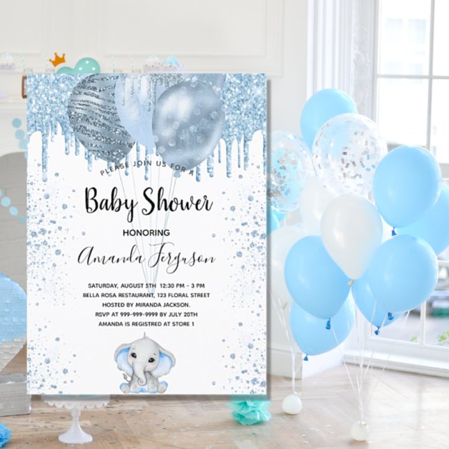 Invitación Globos de elefante purpurina azul de Baby Shower (Subido por el creador)