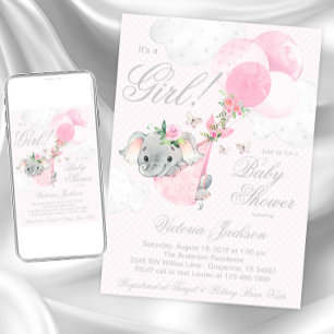 Invitación Globos de elefante rosa sonrojado Cumpleaños de ma
