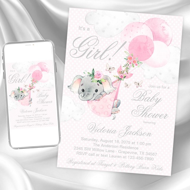 Invitación Globos de elefante rosa sonrojado Cumpleaños de ma (Girl elephant baby shower invitation. Instant download and printed invitations available.)