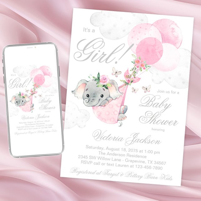 Invitación Globos de Elefante Rosa Sonrosado Mariposa Baby Sh (Sweet girl elephant baby shower invitations. Instant download and printed invitations available.)