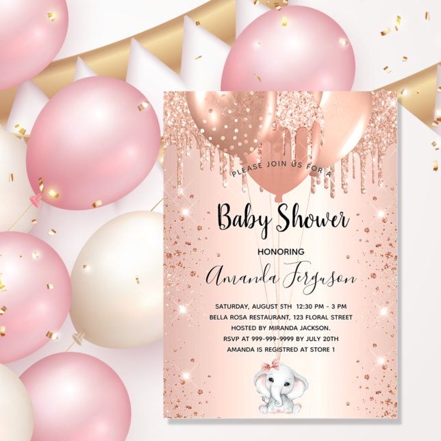 Invitación Globos de elefantes rosa purpurina de oro de Baby  (Subido por el creador)
