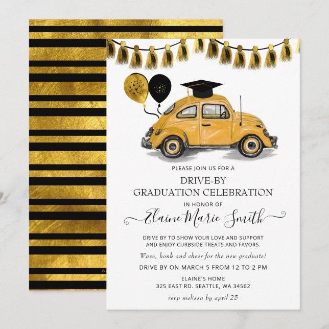 Invitación Globos de escarabajo de oro negro manejan por grad (Anverso / Reverso)