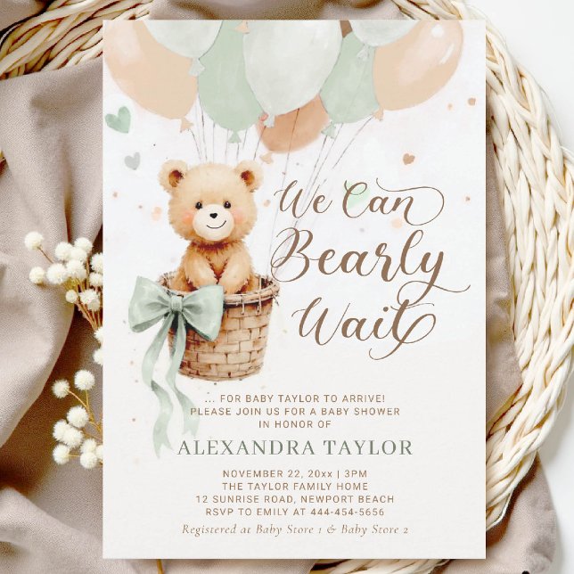 Invitación Globos de espera temprana Bow Sage Tan Moda Baby S (bearly wait baby shower invitation sage green hot air balloons bow calligraphy watercolor)