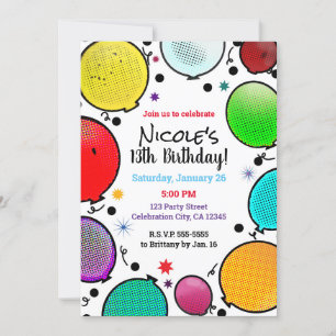 Invitación Globos de estilo cómico caprichoso Fiesta de cumpl
