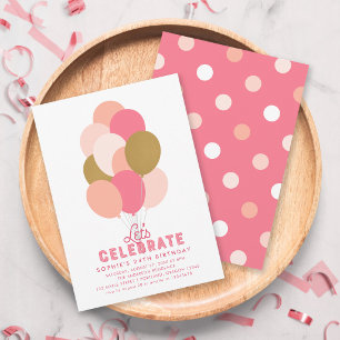 Invitación Globos de Faux Dorado Rosa Rubor Cumpleaños de Cua