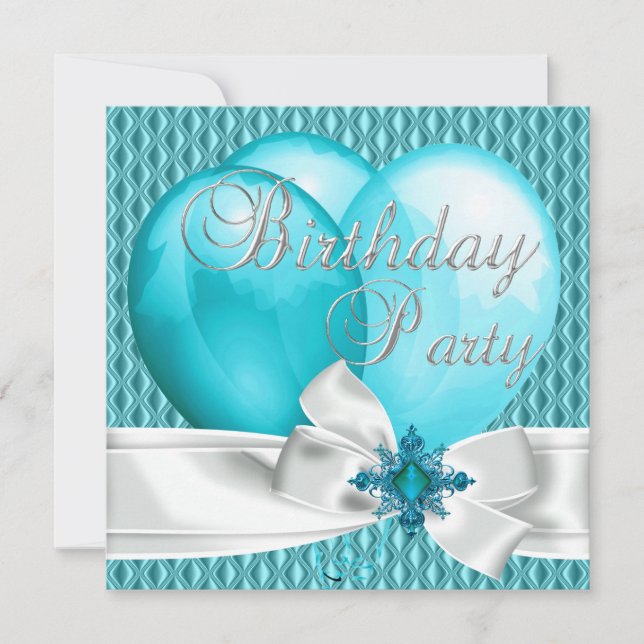 Invitación Globos de fiesta de cumpleaños azul teal blanco co (Anverso)