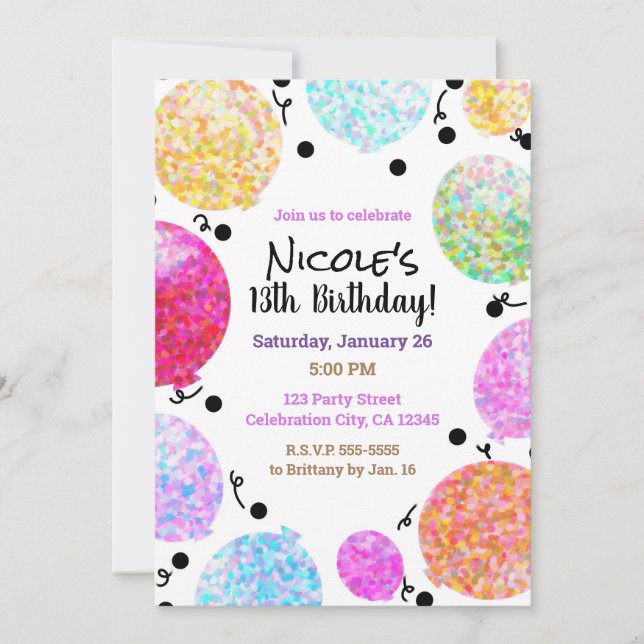 Invitación Globos de Fiesta de Cumpleaños con Lunares Lindos (Anverso)