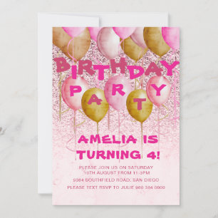 Invitación Globos de fiesta de cumpleaños rosa y dorado con b