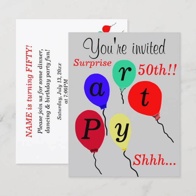 Invitación Globos de fiesta de cumpleaños sorpresa para cualq (Anverso / Reverso)