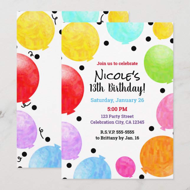 Invitación Globos de fiesta divertidos y coloridos Celebració (Anverso / Reverso)