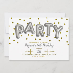 Invitación Globos de FIESTA Plateados y Dorados de Cumpleaños