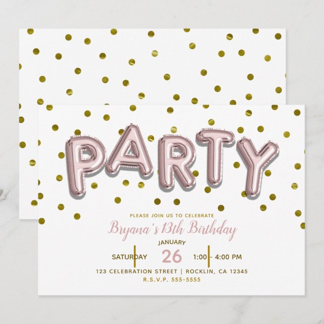 Invitación Globos de FIESTA Rosa Dorado Cumpleaños CUALQUIER  (Anverso / Reverso)