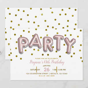 Invitación Globos de FIESTA Rosa Dorado Cumpleaños CUALQUIER