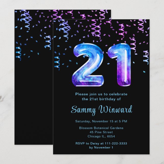 Invitación Globos de galaxia de cumpleaños 21 con confetti (Anverso / Reverso)
