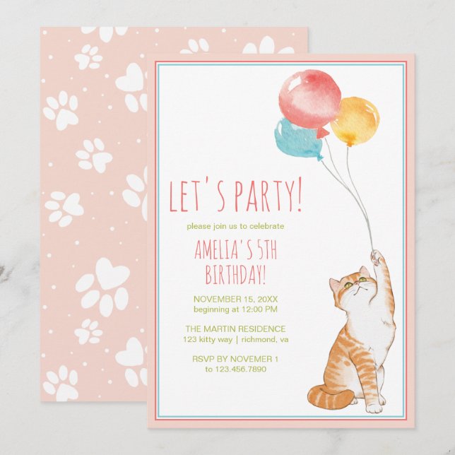 Invitación Globos de gato gatito | Cumpleaños de Chicas Rosa  (Anverso / Reverso)
