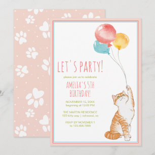 Invitación Globos de gato gatito Cumpleaños de Chicas Rosa