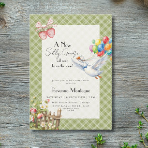 Invitación Globos de Gingham Verde de Tonta Gansa para Baby S