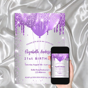 Invitación Globos de gotas moradas de plata de cumpleaños