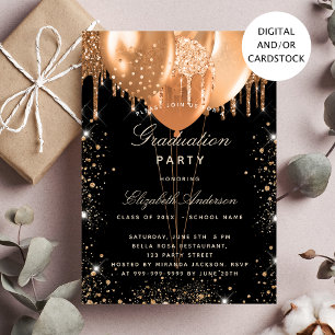 Invitación Globos de graduación negros con brillo dorado