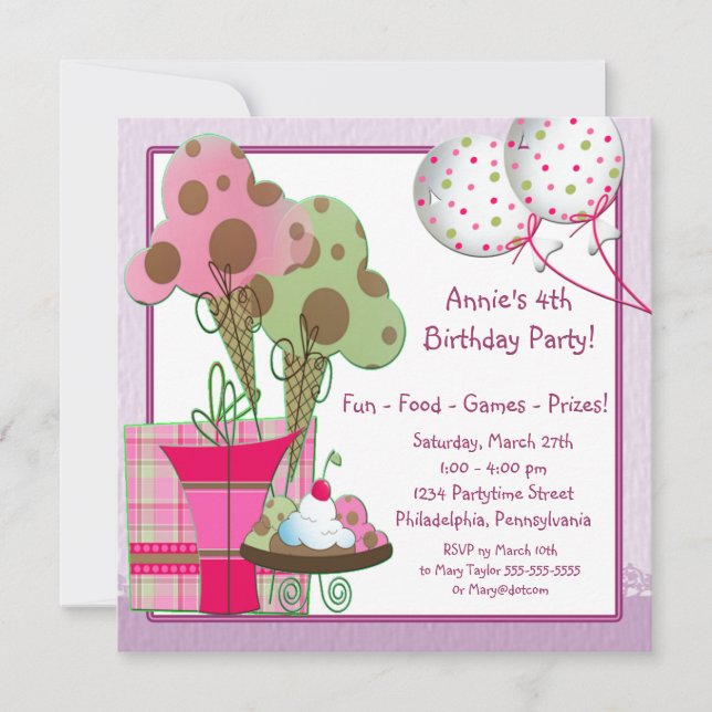 Invitación Globos de helado niñas fiesta de cumpleaños 4 (Anverso)