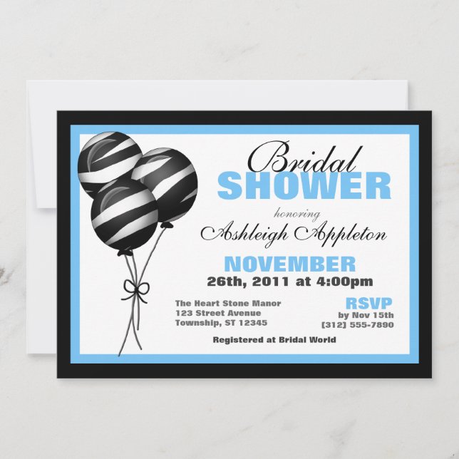 Invitación Globos de impresión de cebra con ducha de novia az (Anverso)