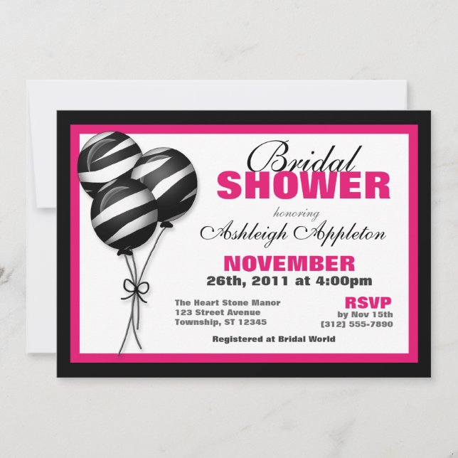 Invitación Globos de impresión de cebra Fuchsia Bridal Shower (Anverso)