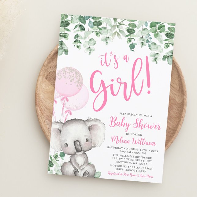 Invitación Globos de Koala Eucalipto Niña Baby Shower (Subido por el creador)