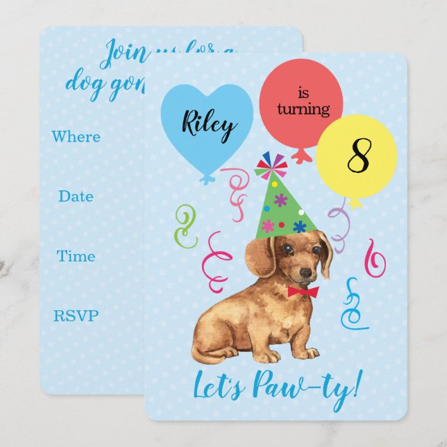 Invitación Globos de la fiesta de cumpleaños Dachshund (Anverso / Reverso)