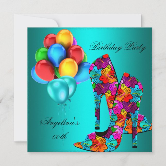 Invitación Globos de la fiesta de cumpleaños de los zapatos d (Anverso)