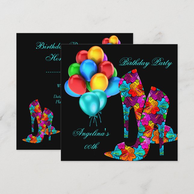 Invitación Globos de la fiesta de cumpleaños de los zapatos d (Anverso / Reverso)