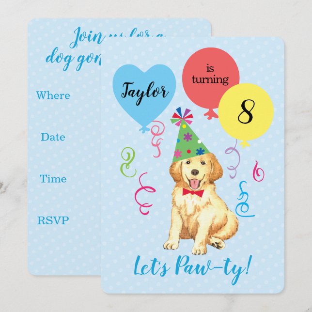 Invitación Globos de la fiesta de cumpleaños, Golden Retrieve (Anverso / Reverso)