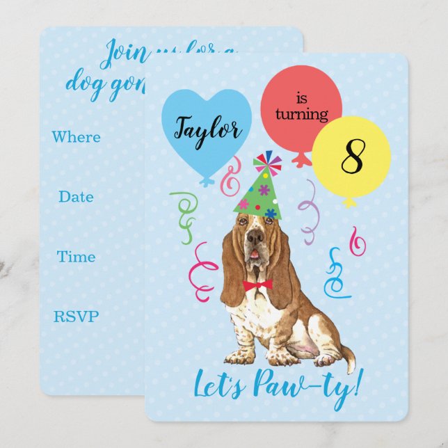 Invitación Globos de la fiesta de cumpleaños Hound Basset (Anverso / Reverso)