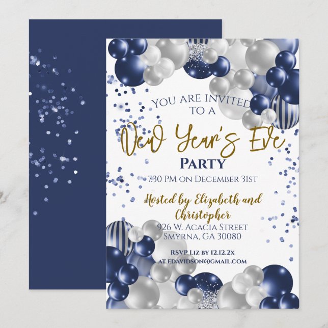 Invitación Globos de la marina Fiesta de Nochevieja (Anverso / Reverso)