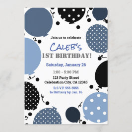 Invitación Globos de lunares azules y negros Fiesta de cumple
